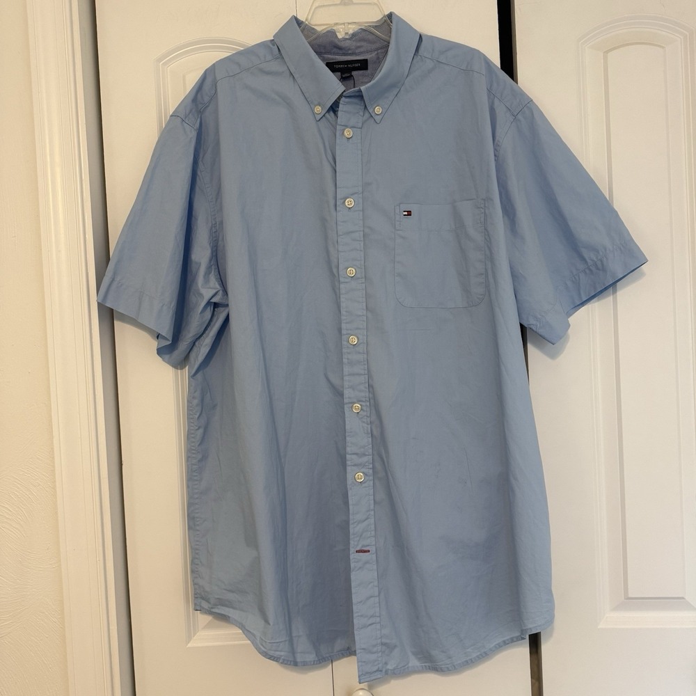 Tommy Hilfiger Button Down Shirt Mens 2XLT Blue Cotton Short Sleeve Casual